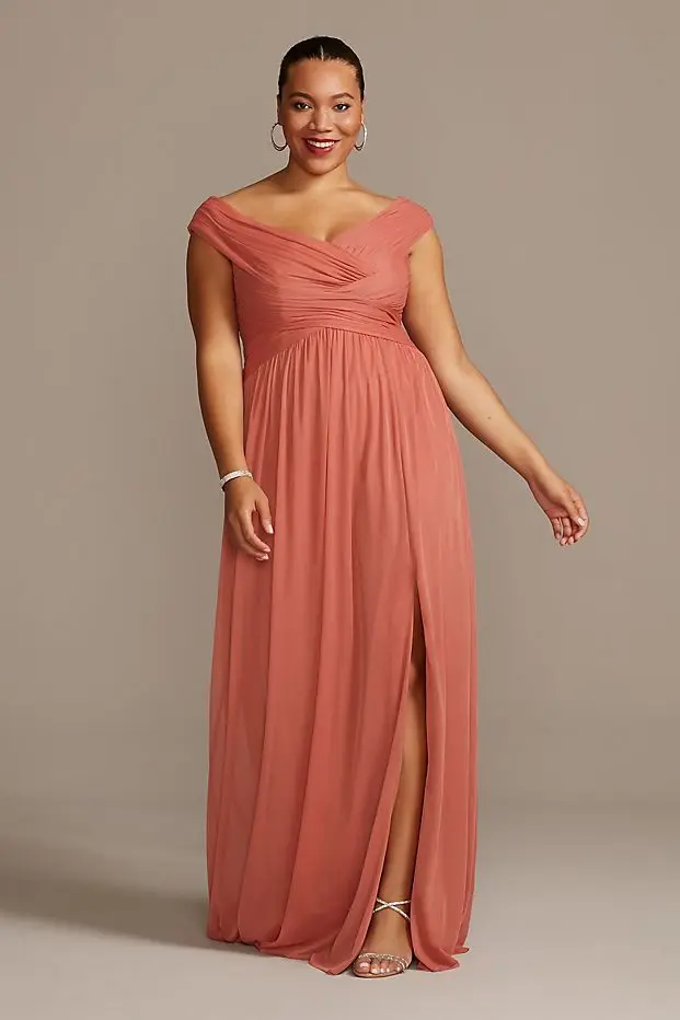 

Tailor Shop Custom Made Crisscross Off-the-Shoulder Mesh Bridesmaid Dress Chianti Desert Coral Bellini Wedding Dresses Bride