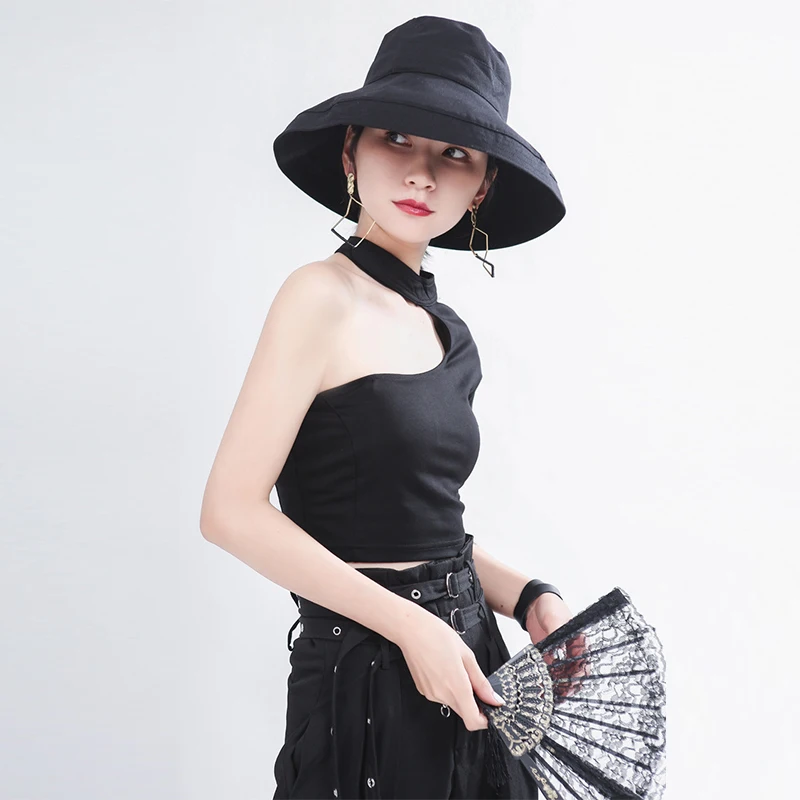 Off-the-shoulder High-waisted Short T-shirt Tide Niche Design Velcro Small Collar Knockout Unilateral Sleeve Female O-neck | Женская