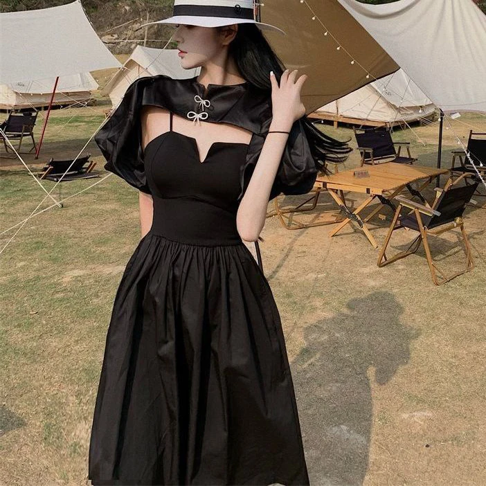 

Bubble sleeves drill bow short-sleeved top with hollow low-chested sling dress bandage korean sexy dress women