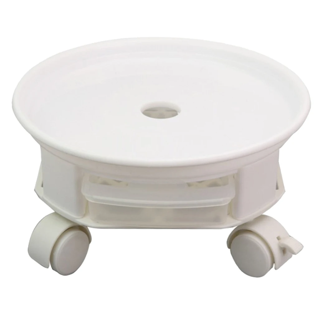 Natural Resin Plant Caddy Round Dolly with Universal Wheels and Water Drawer - White | Golden Lampstands