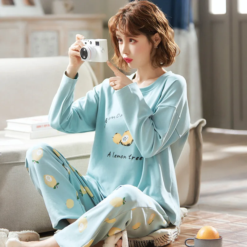 New Large Size Long Sleeve Pajamas Sets Women Nightgown Spring Autumn Cotton Lovely Cartoon Leisure Home Wear Sleepwear Suit
