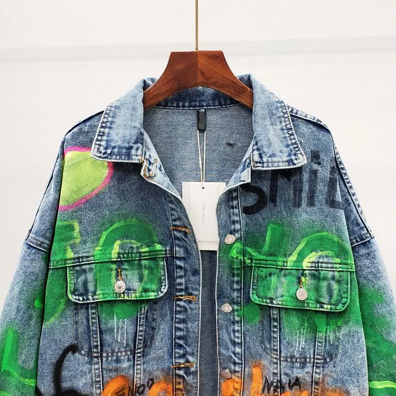 Граффити джинсовая куртка для девочек джинсовые куртки новая верхняя одежда с