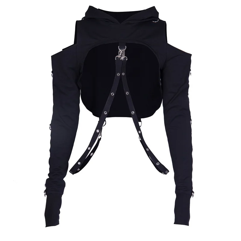 

Black Short Hoodies Women Off Shoulder Hooded Sweatshirt Gothic Sexy lace Up Long Sleeve Crop Tops Lady Fashion Chain Clothes