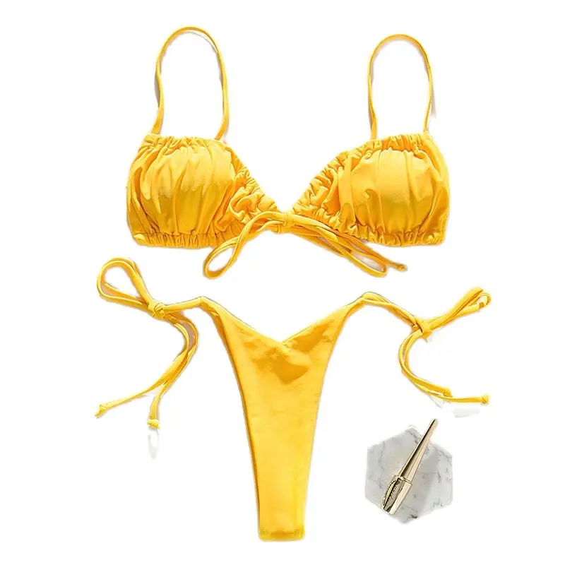 

Brazilian Micro Bikinis 2021 Mujer Sexy String Swimsuit Pleated MiniBeach Bathing Suit