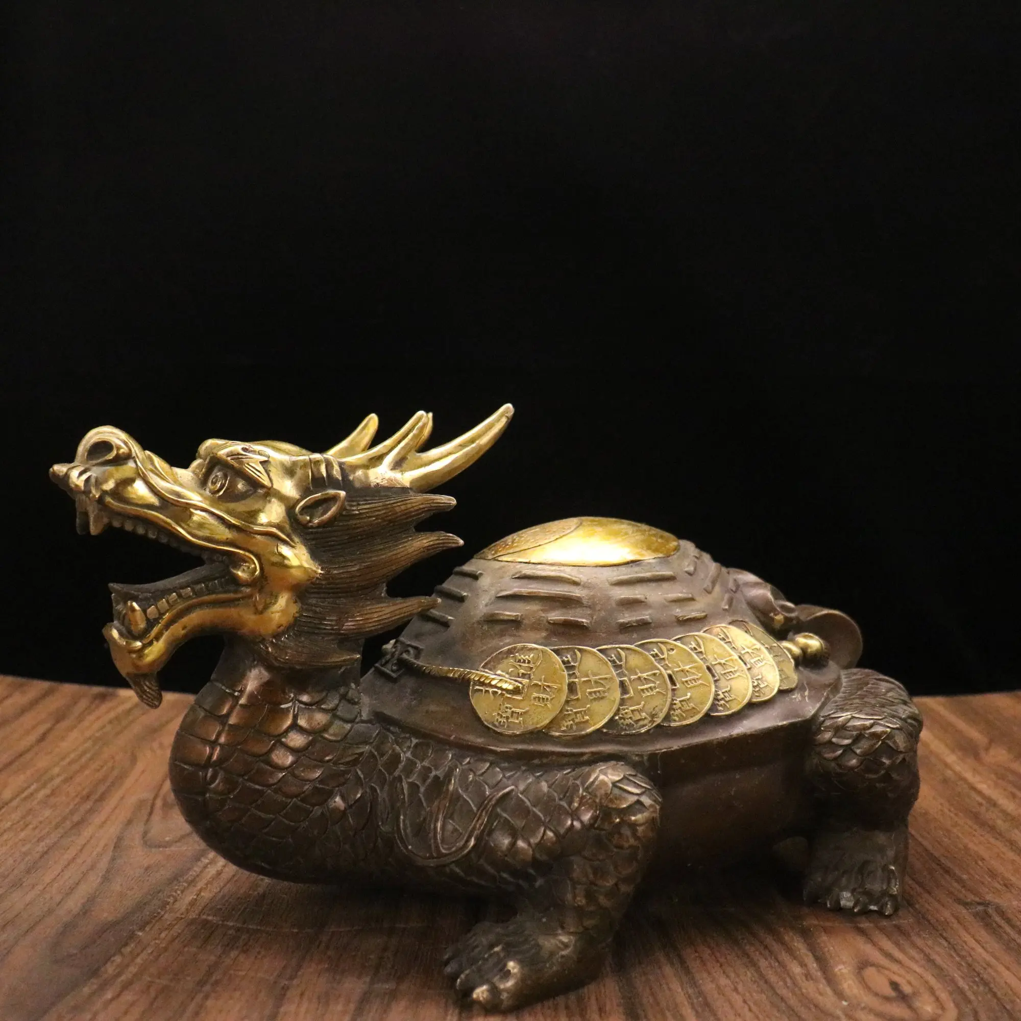 

15"Tibet Temple Collection Old Brass Gilt Dragon Turtle statue Lucky Gather wealth Office Ornaments Town House Exorcism