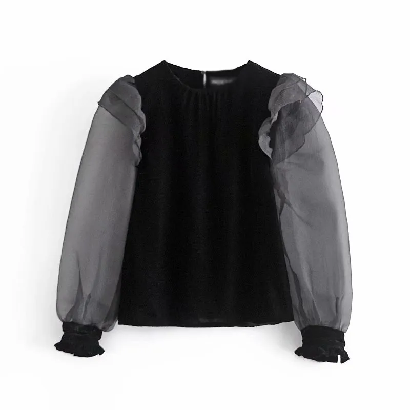 

Snican Black Transparent Oganza Ruffle Long Sleeve Patchwork Spliced Velvet Blouse Sexy Short Women Tops Za 2021 Fashion Blusa
