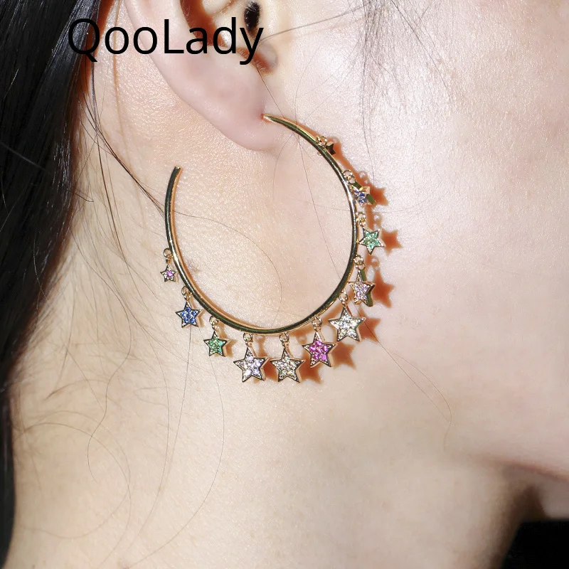 

QooLady Exaggeration Champagne 585 Gold Color Rainbow Colorful CZ Tassel Small Star Earring Charm Big Circle Hoop Earrings E194