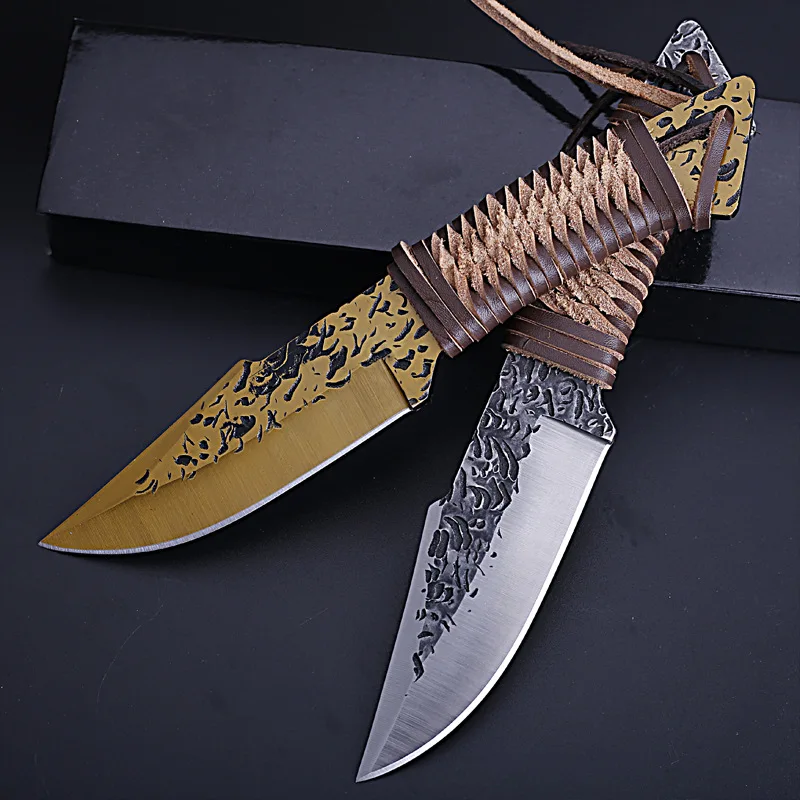 

High Hardness Steel 5MM Thickness Blade One Keel Hand-Grain Forging Cowhide Woven Rope Wild Survival Fixed Blade Knife Camping