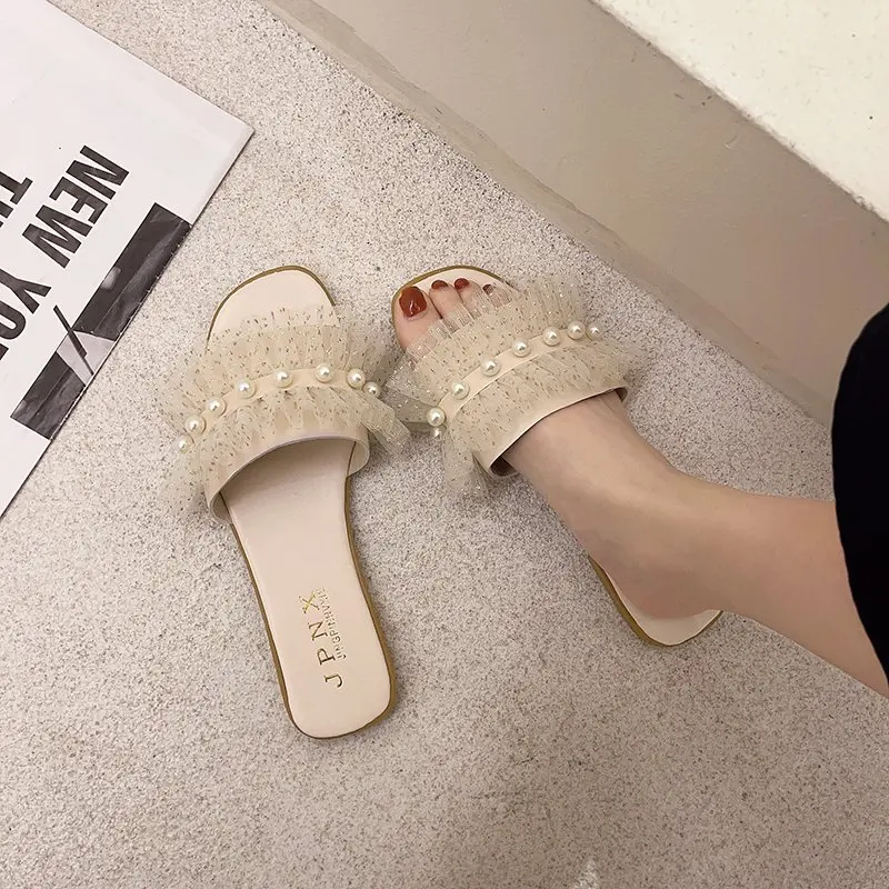 

Low Slippers Soft String Bead Summer Women's Shoes Shale Female Beach Pantofle Luxury Slides Flock Comfort Sabot 2021 Designer