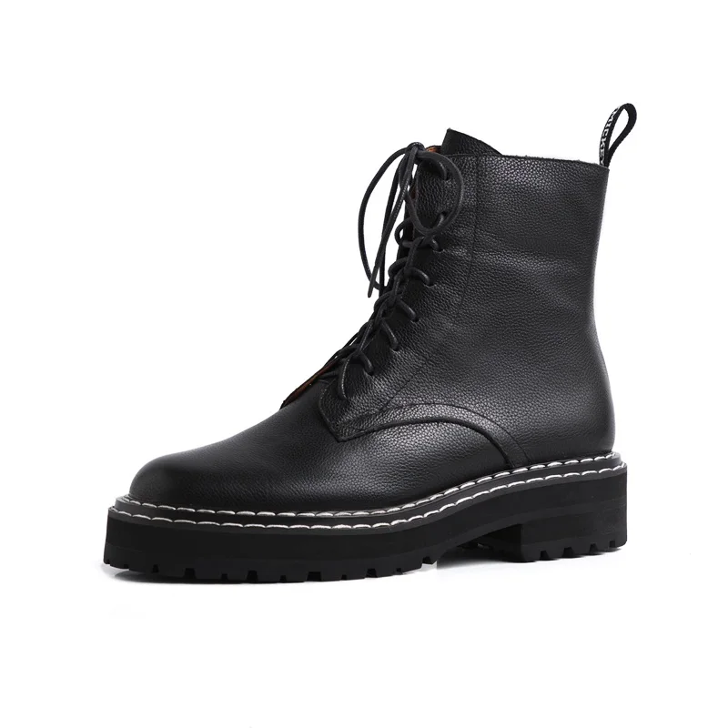 

Brand Female Women Ankle Boots Genuine Leather Chunky Med Heels Black Red Lace Up Shoes Woman Black Rome Short Boots Size 34-39