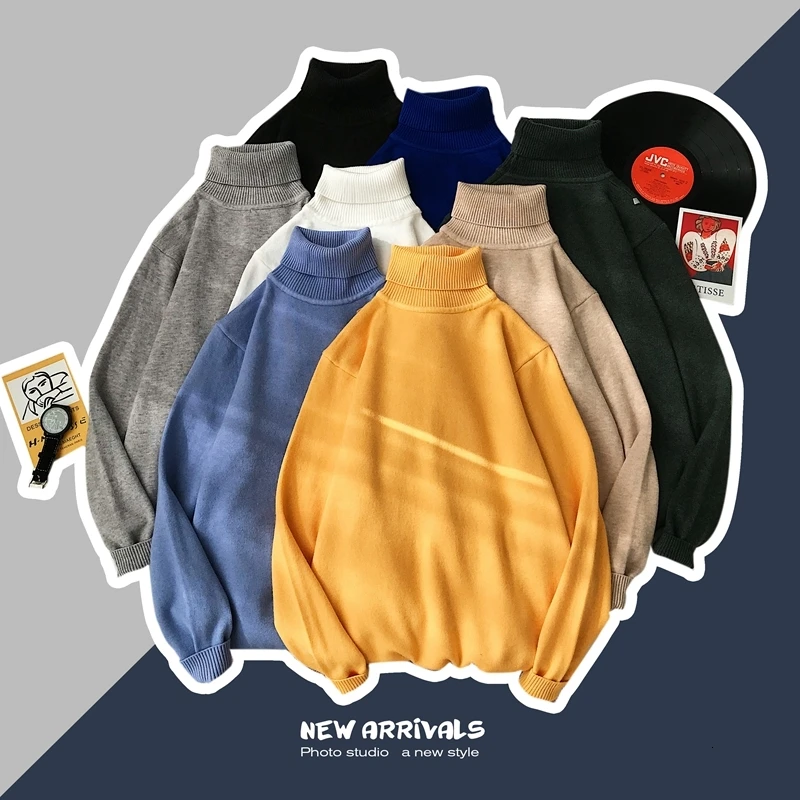 2019 Men's Solid Color Fashion Coats Woollen Knitting Loose Turtleneck Keep Warm Cashmere Sweater Elastic Clothes Size S-2XL |