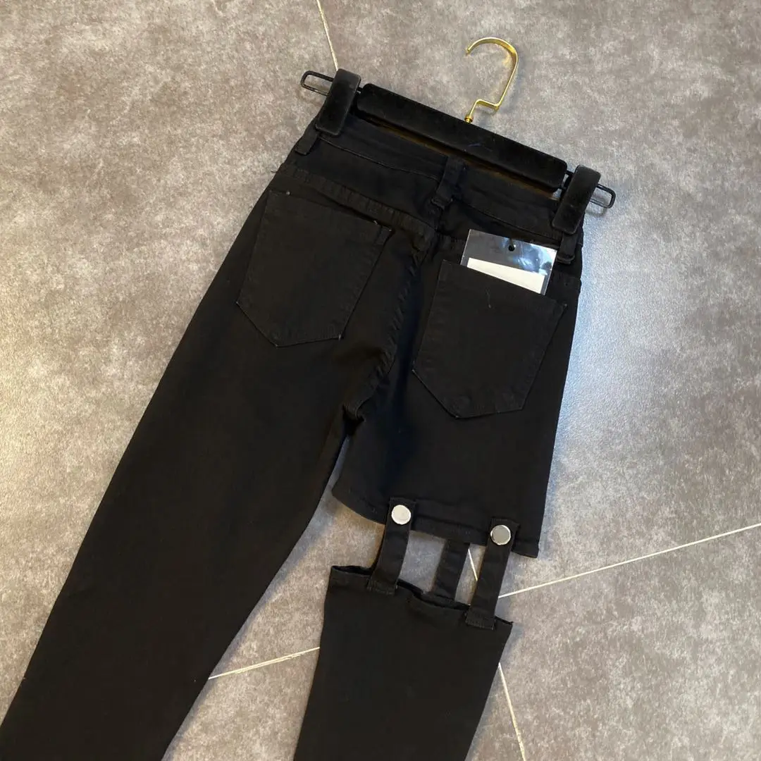 

ZCSMLL Hollow Out Women's Black Jeans 2021 New Spring Summer Streetwear Fashion high waist Pants for Women