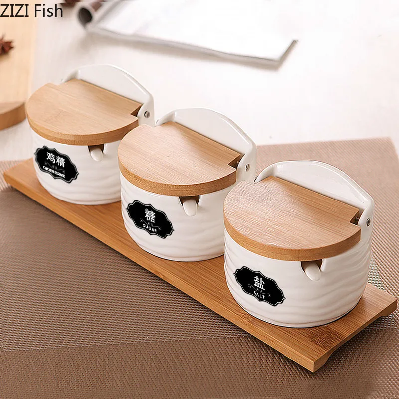 Керамическая банка для специй с крышкой и ложкой емкость хранения соли сахара