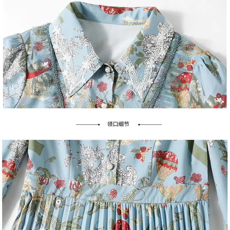 

Women 's Dress 2021 Spring And Autumn Youth Lapel Long Sleeve Waist Slimming Pleated Fashion Printed Dress