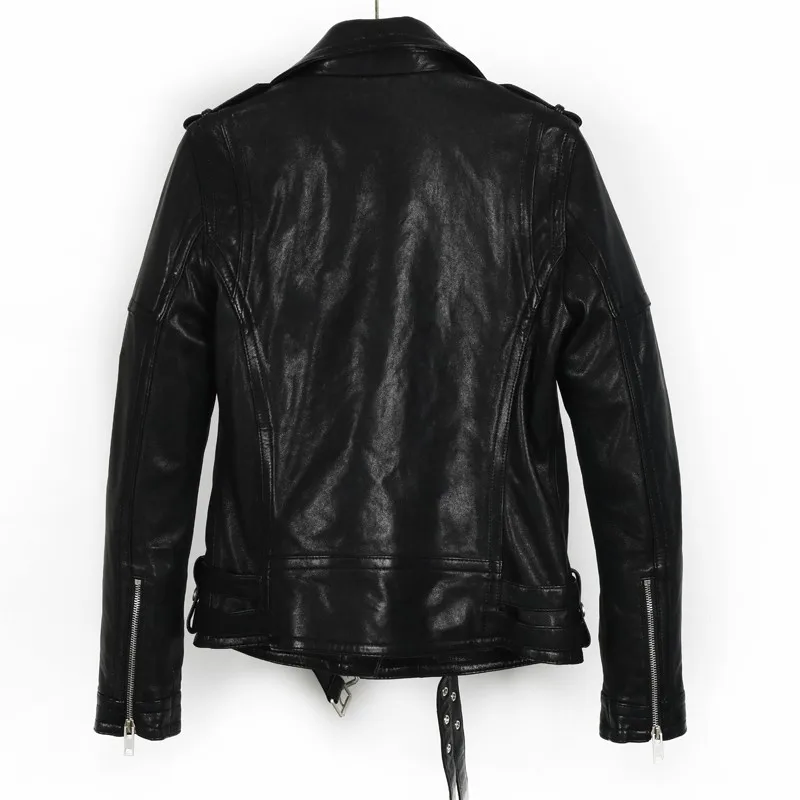 

New Spring Women 2021 Short Slim Fit Biker Sheepskin Genuine Leather Jacket Female Motorcycle Belted Leather Coat Punk Black Red
