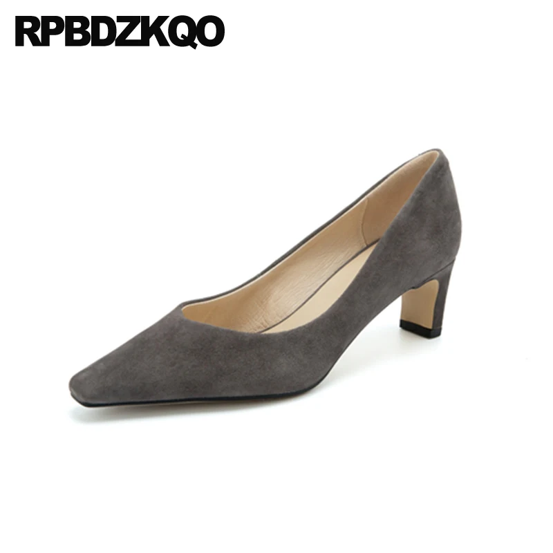 

Size 4 34 Italian Gray Thick Sheepskin Shoes Women Pointed Toe 2021 Pumps Suede New Wine Red Block Medium Heels Genuine Leather