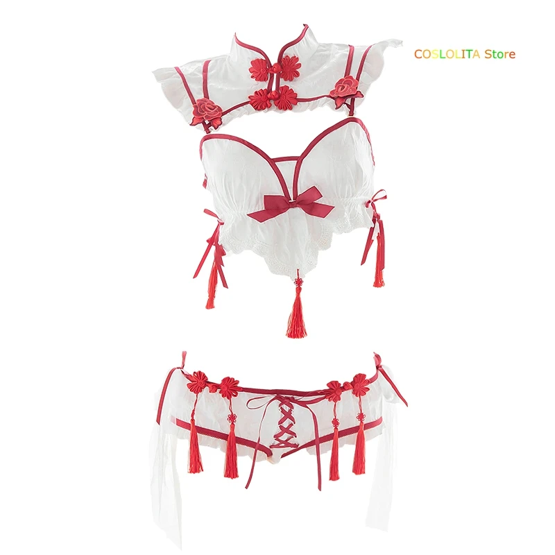 

Sexy Retro Sweet Cheongsam Pajamas Cosplay Girls Student White & Black Underwear Set Lace Pendant Cute Bowknot Private Homewear