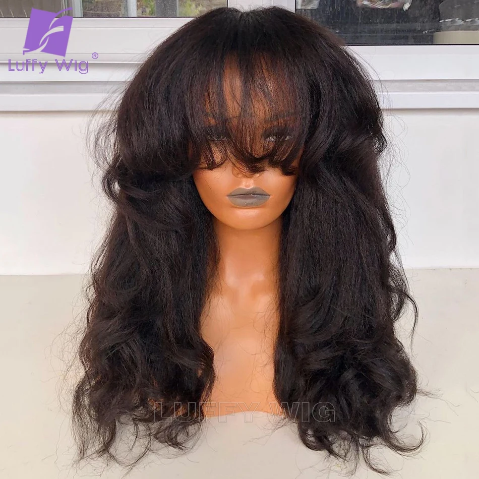 200 Density Yaki Wavy Human Hair Wigs With Bangs Machine Made Scalp Top Wig Remy Brazilian Human Hair Wigs For Women Luffywig