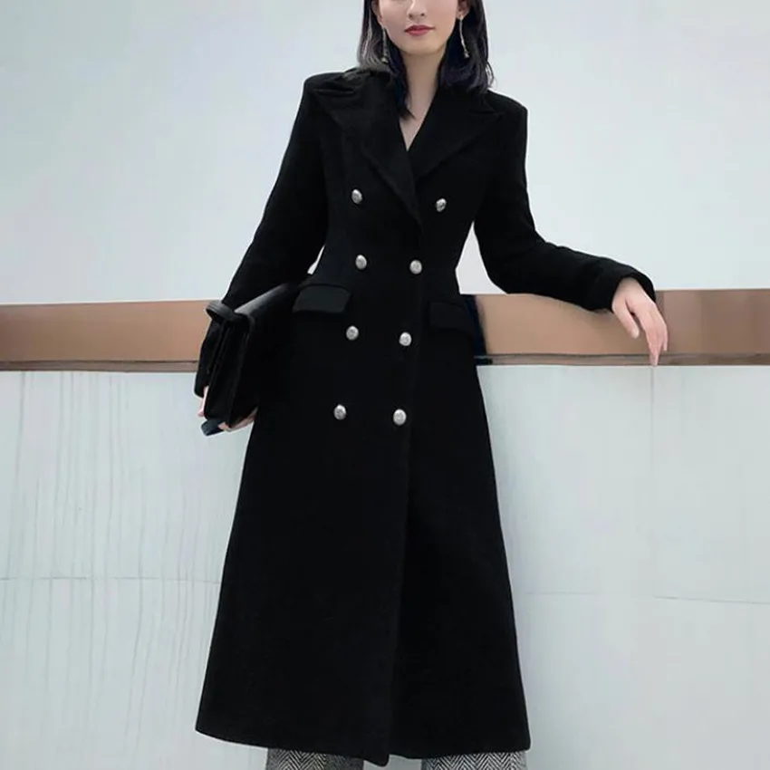 

Женское шерстяное пальто, приталенное двубортное пальто из смесовой шерсти черного цвета, для зимы