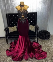 halter burgundy velvet mermaid african prom dresses lace beaded sequins evening gowns party dress vestido largo elegante