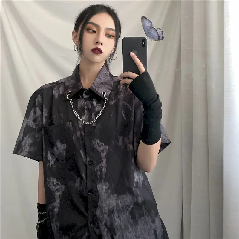 

Готическая рубашка в стиле Харадзюку, женский кардиган с коротким рукавом, рубашки, летние универсальные свободные винтажные женские топы ...