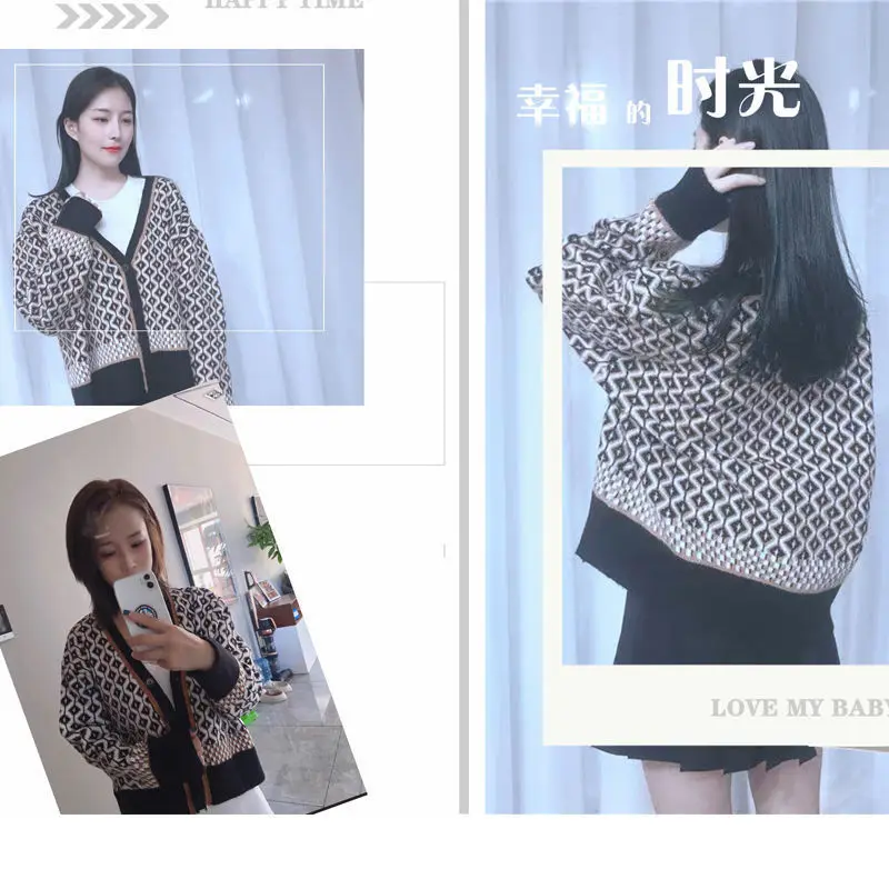 

Knitted cardigan women's autumn and winter Korean version of retro temperament color v-neck diamond thick loose coat sweater