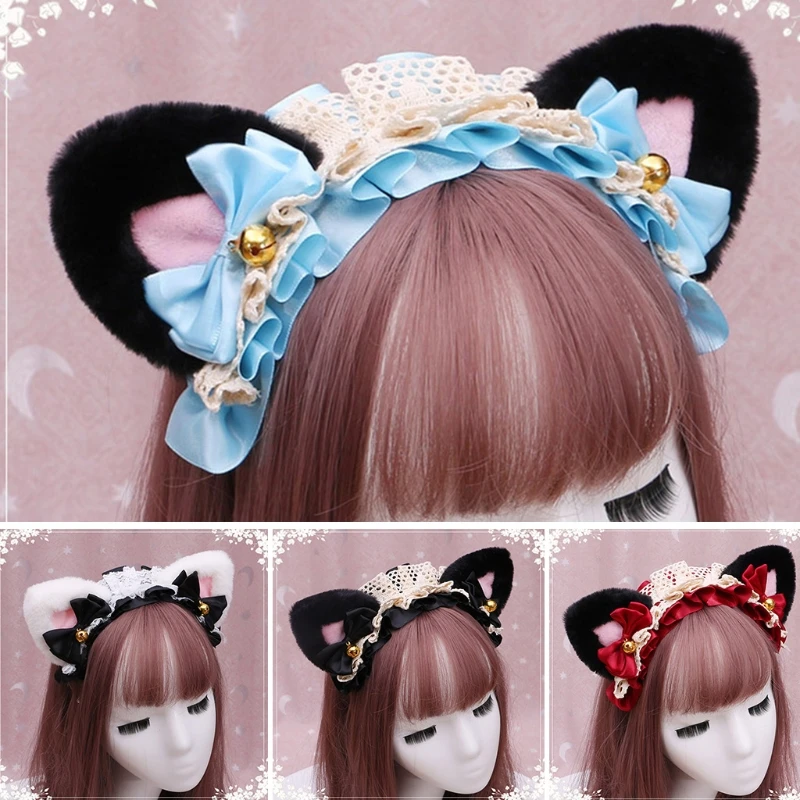 

Anime Lolita Cosplay Animal Headband Cute Plush Cat Ears Ruffled Lace Ribbon Bowknot Bell Hair Hoop Masquerade Headpiece