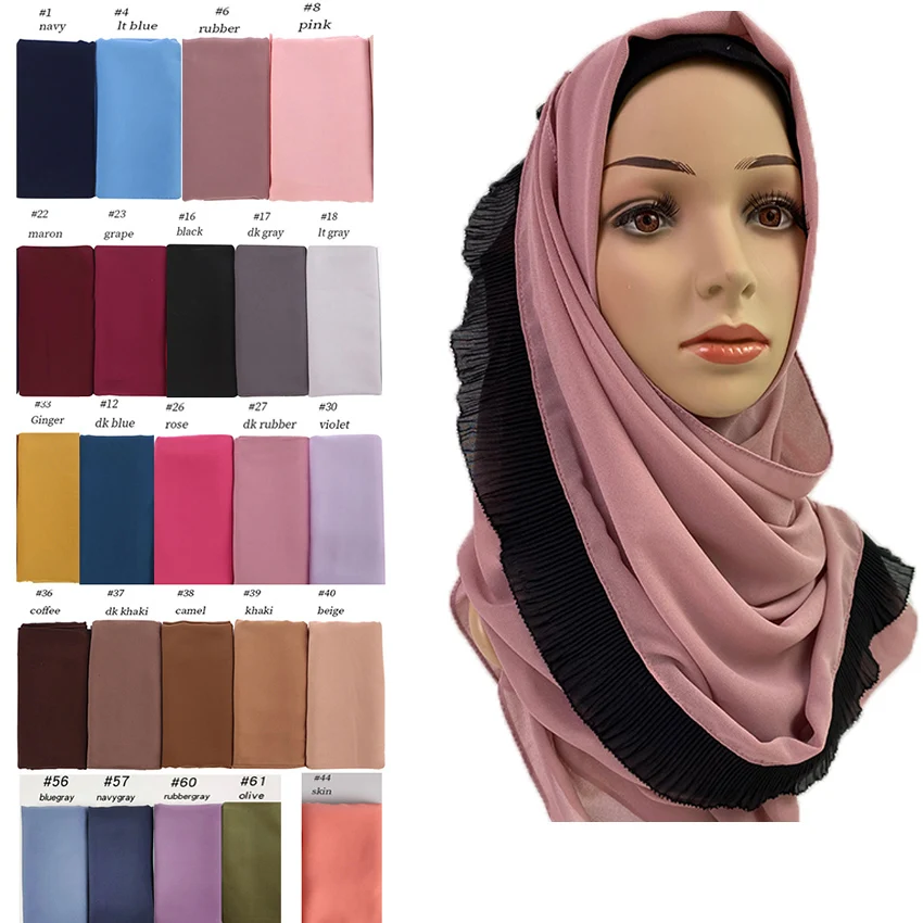 

New 2020 Fashion Heavy Chiffon With Pleated Black Eyelash Solider Color Shawls Headband Muslim Hijabs Scarves/Scarf