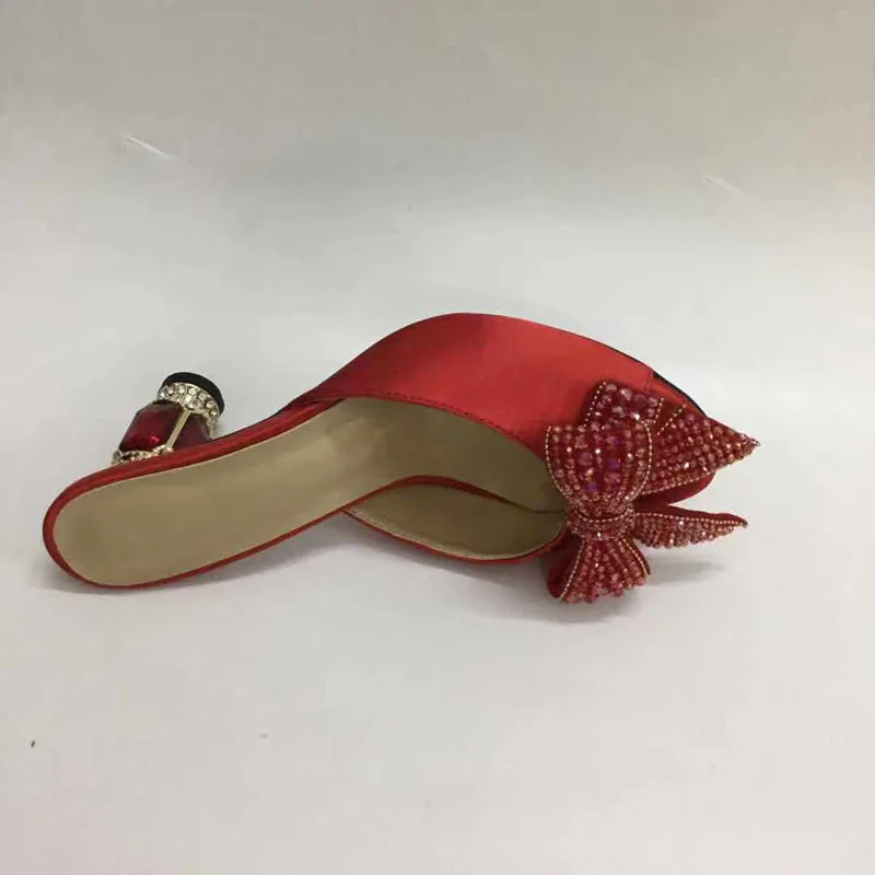 

Macytino Satin Mules Crystal Kitten Heel Bowtie Shoes Women Formal Dress Slippers Customized Shoes Plus Size Slides
