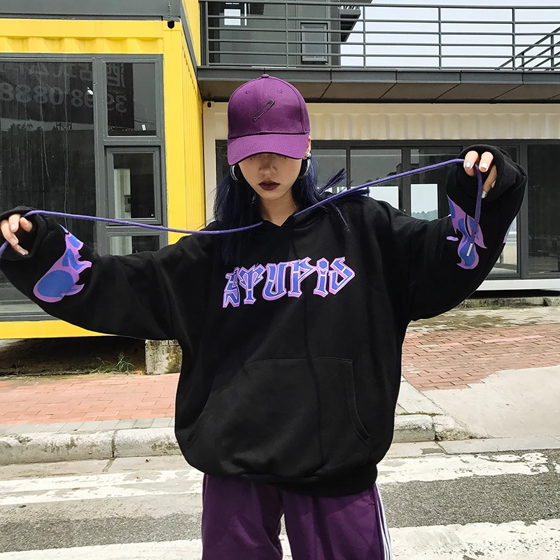 

Harajuku Fashion Hellfire Letter Print Women Hoodies Vintage Loose Hooded Women Pullovers Long Sleeve Plus Velvet Sweatshirt