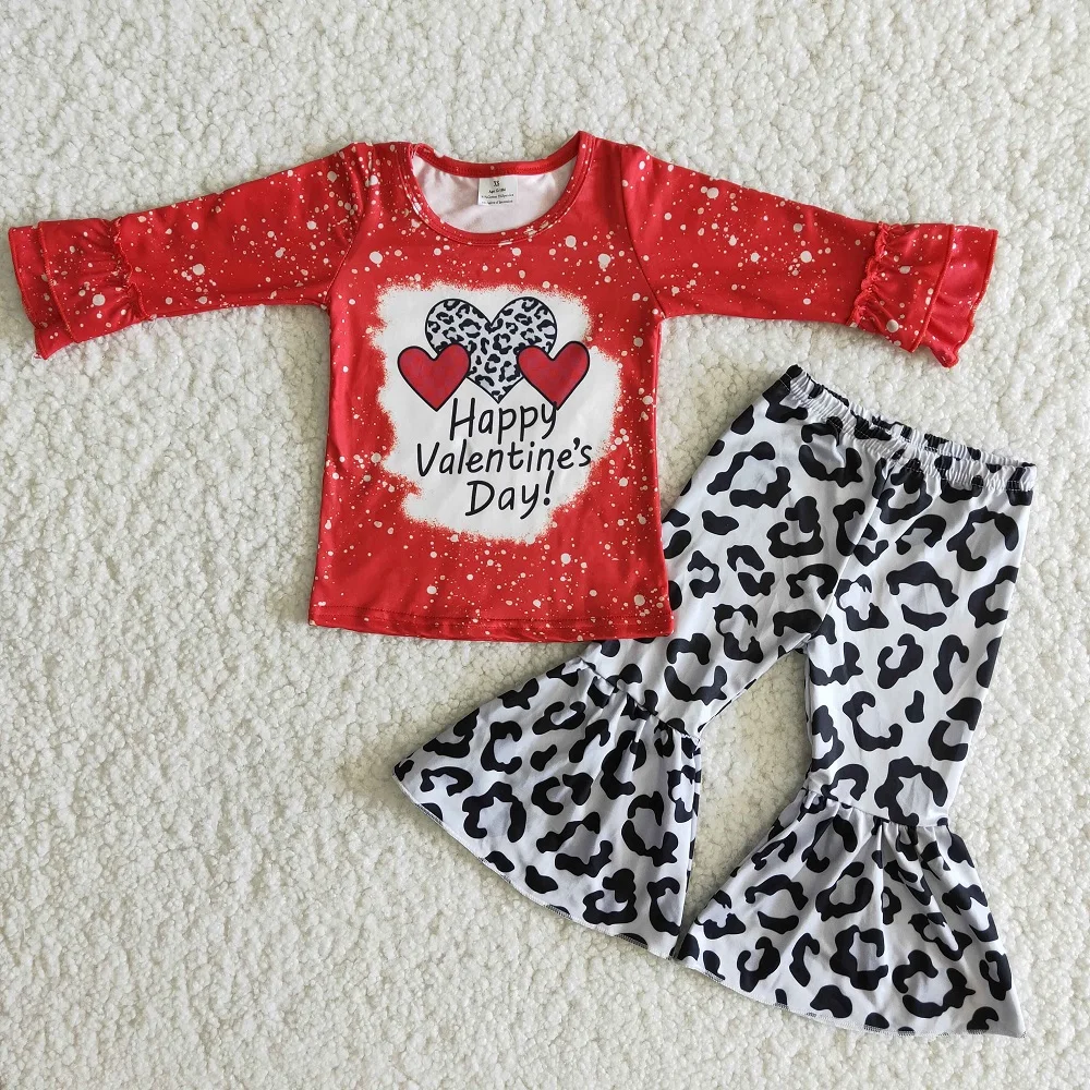 

RTS Children Girl Outfits Long Sleeve Shirt Leopard Bell Bottom Pants Red Love Heart Valentine Print Kids Festival Clothes