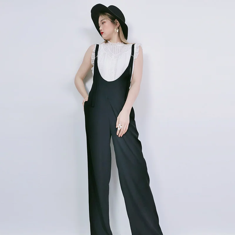 POKWAI Women's Acetate Suspender Pants Elastic Soft Breathable Pants High Waist Slim Fashion All-match