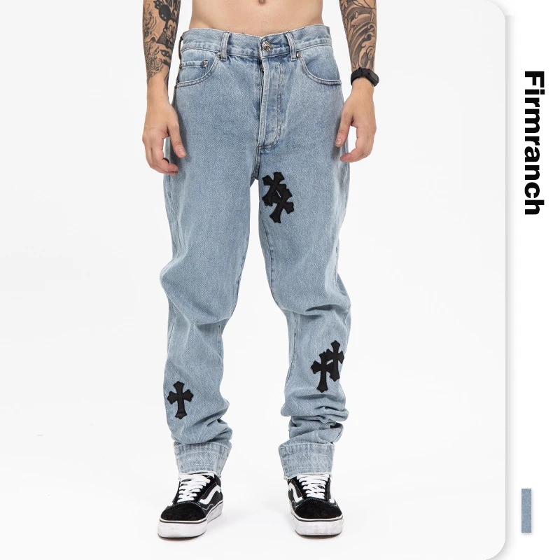 

Firmranch New Genuine Leather Cross Jeans For Men 2021 High Street Blue Jeans Homme Loose Straight Hearts Pants Moto Trouse