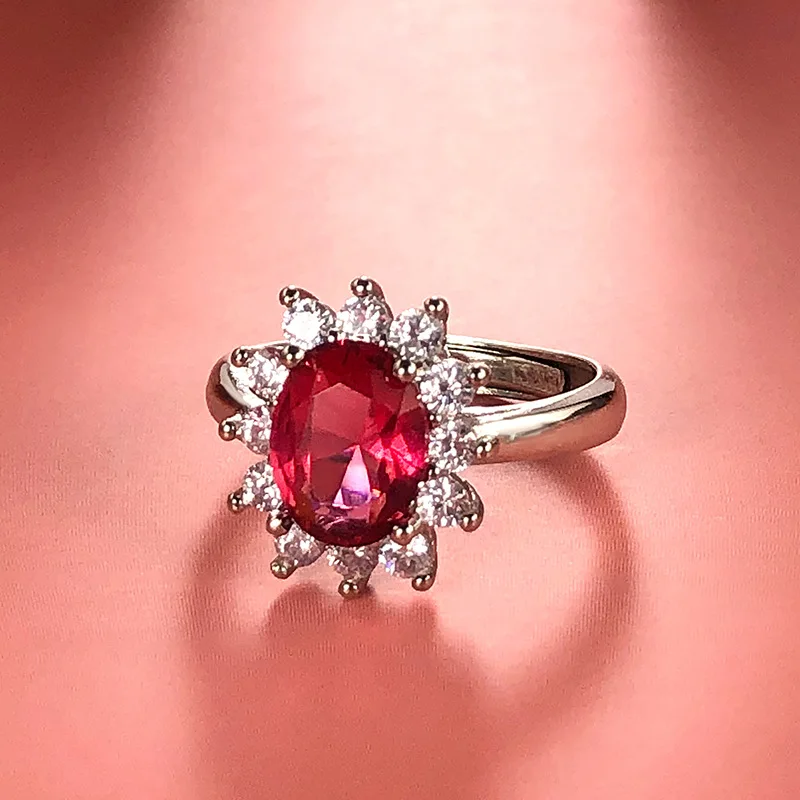 

New Fashion Imitation Ruby Ring Rhodium Plated Ring Couple Proposal Ring Female Proposal Flower