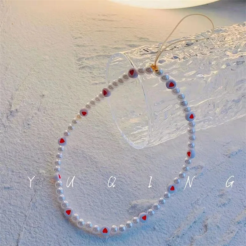 new ins trendy red love heart pearl chain mobile phone chains anti lost handmade acrylic charm cord lanyard for women girls free global shipping