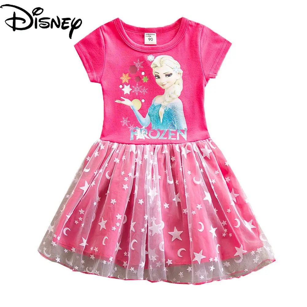 

Disney Summer New 2021 Cute Cartoon Anime Print Frozen Hem Short-sleeved Casual and Comfortable Cotton Children's Lace Dress