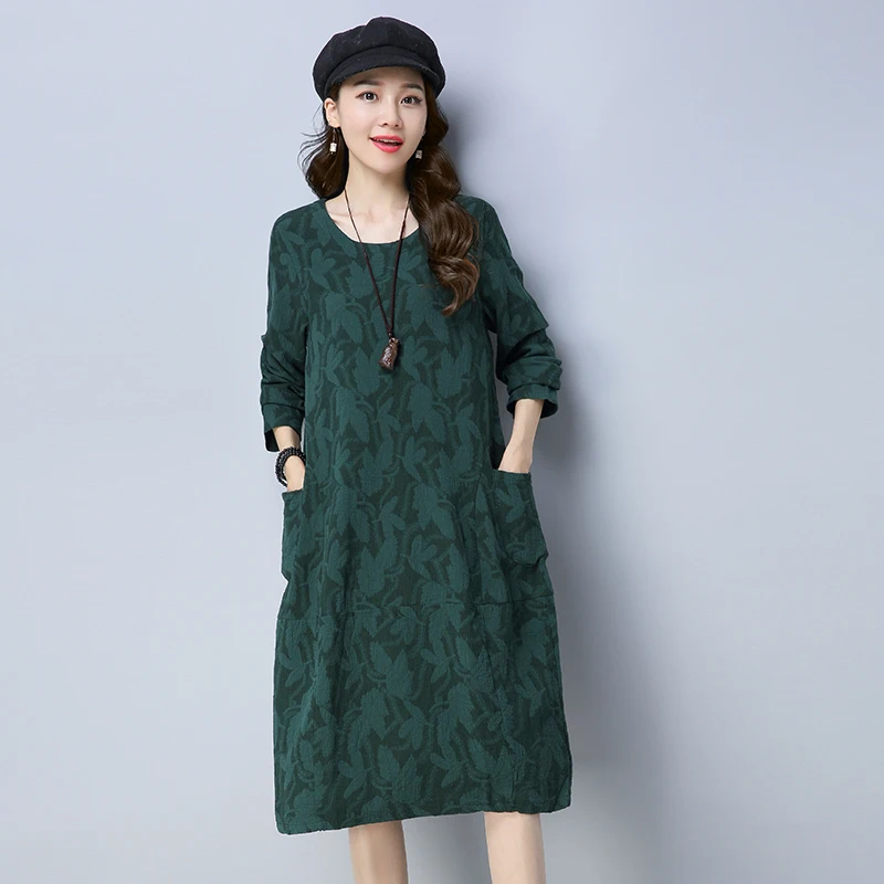 

2019 Spring new Large size Print Knee-Length dress Womens vintage Long Sleeve cotton and Linen dress Casual Loose O-Neck dress
