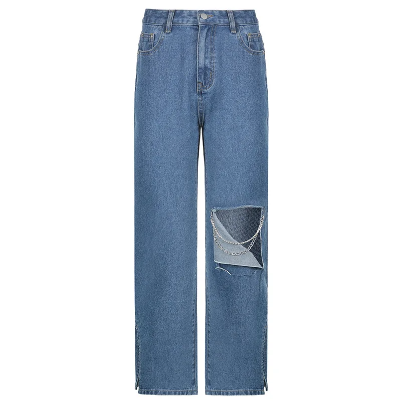 

Street Hipster Women's Commuter Sexy Ripped Hole Split on Ripped Chain Jeans Women