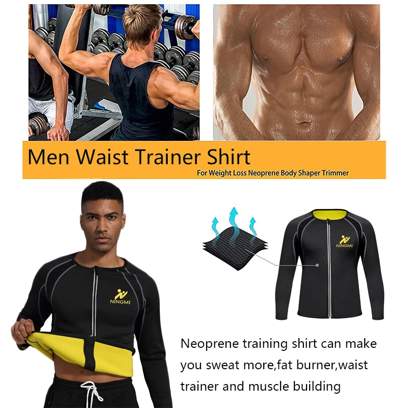 LANFEI Men Sports Slimming Shirt Weight Loss Neoprene Sauna Sweat Vest Suit Waist Trainer Body Shaper Tank Top with Long Sleeve