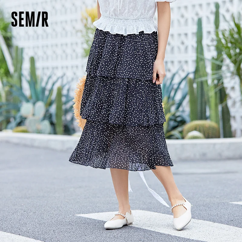 

SEMIR Chiffon Skirt Women Mid-Length 2021 Summer New Retro Polka Dot Print Cake Skirt Ladies For Party