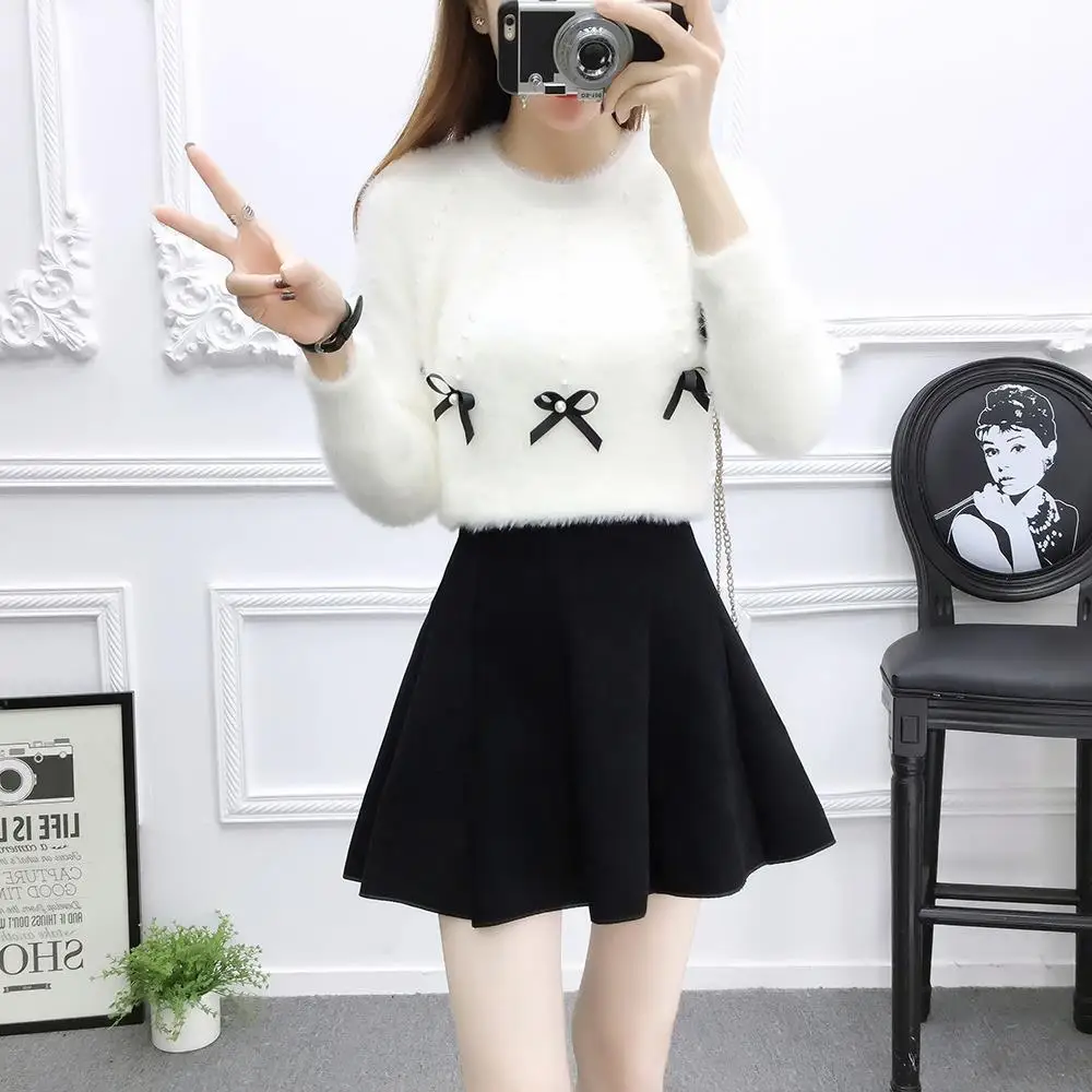 

2021 Women Autumn Winter Solid Skirt Two Piece Set Female Bow Sweater and High Waist Pleated Skirt Suit Lady Slim Casual Set F31