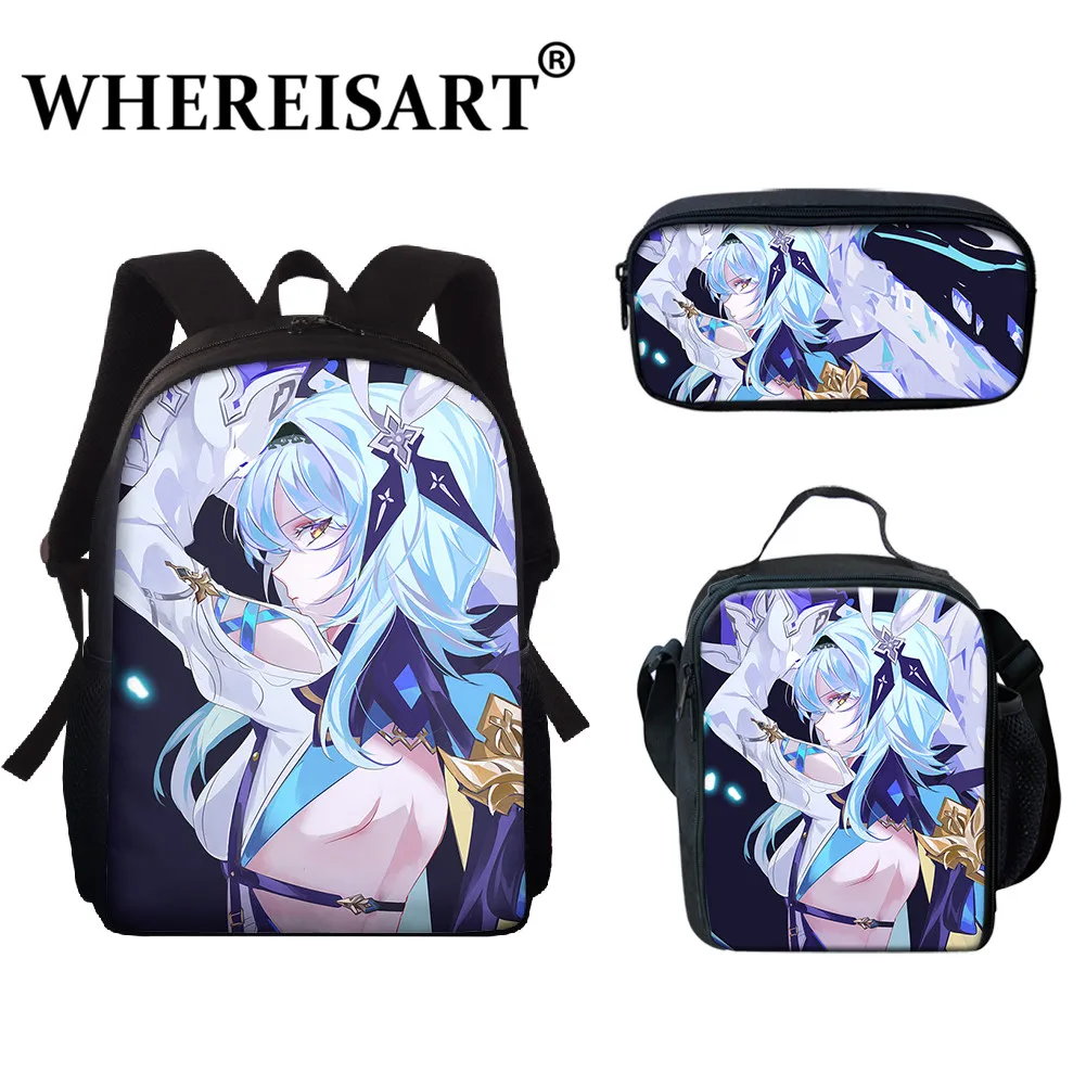 

WHEREISART Genshin Impact Young Men Women's 3pcs/Set Backpack Bookbags Luxury Design Eula Pattern Pencil Boxes Lunch Packets