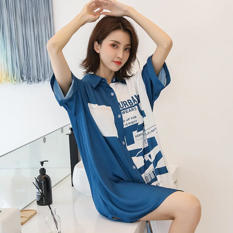 

Women Sleep Dress Casual Satin Nightgown Night Shirt Sexy Sleepwear Intimate Lingerie Soft Nightdress Print Home Clothes