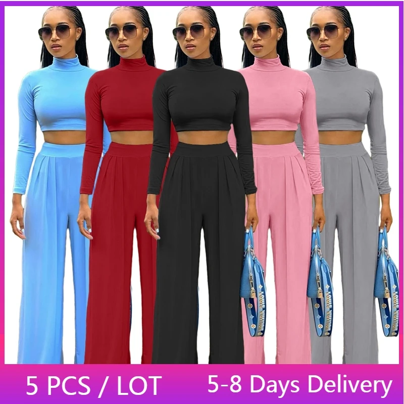 

Оптовая продажа, одежда, повседневный комплект из 2 предметов, Женский облегающий укороченный топ и брюки с широкими штанинами, осенний комп...