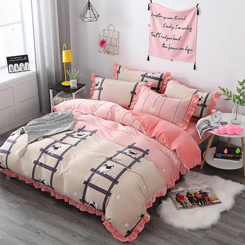 Комплект постельного белья из бархата набор розового цвета с пододеяльником и