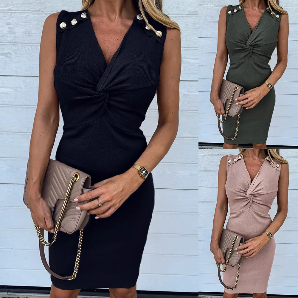 Женское летнее платье без рукавов однотонное офисное модное облегающее