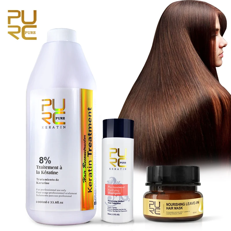 PURC Hair Care Sets 8% Formalin 1000ml Brazilian Keratin Treatment Purifying Shampoo Remove Odor Hair Mask Treatment Product Set