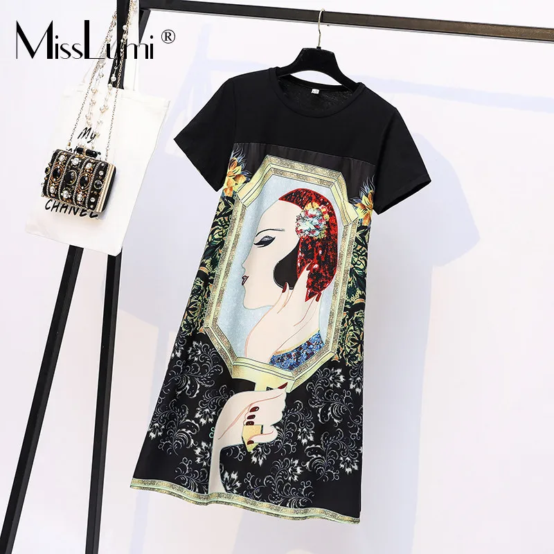 

L-5XL Plus Size Vintage Cartoon Print T Shirt Dress Women Summer 2021 Korean Fashion O-neck Short Sleeve Casual Loose Dress