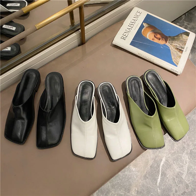 

2021 Women Mules New Spring Mango Thick Low Heel Ladies Slippers Fashion Slip On Female Slides Causal Woman Elegant Shoes