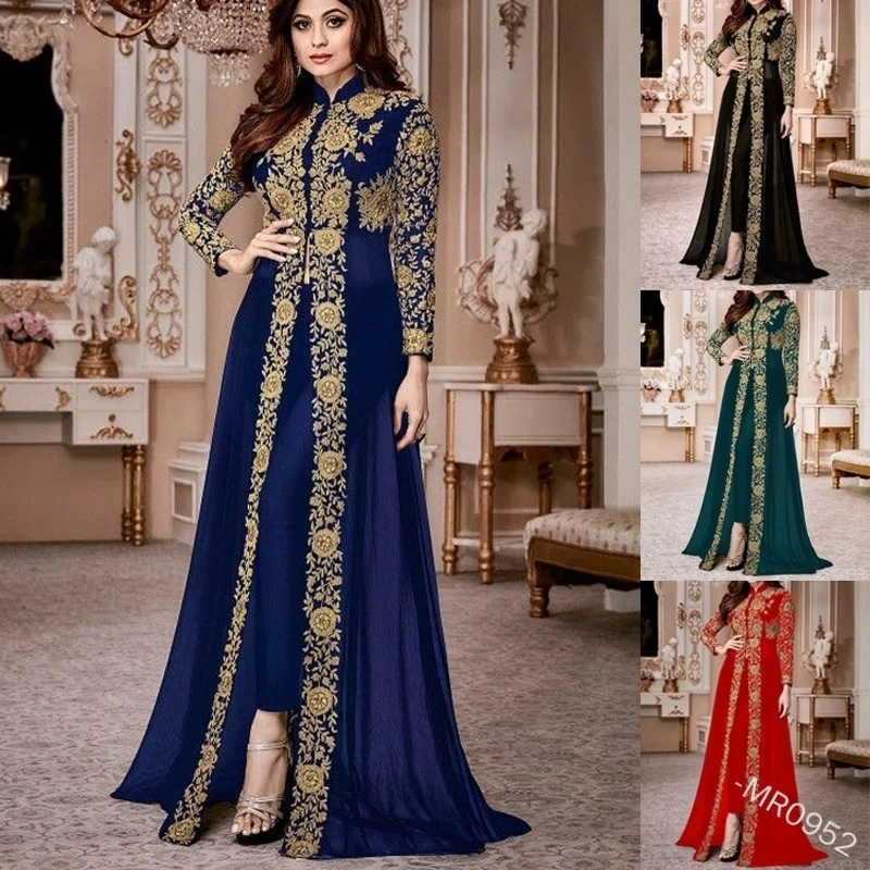 

Elegant Collar Women Dress Muslim Abaya 2 Piece Set Floral Full Sleeve Big Swing A-line Party Long Vestidos Plus Size